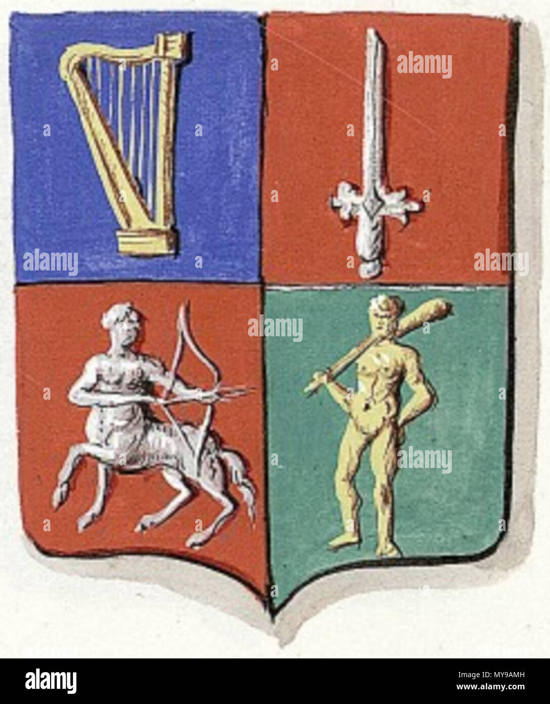 . English : blason de la famille des barons Ameil sous l'empire. Ecartelé : au 1er, d'azur à la harpe d'or ; au 2e, des barons militaires ; au 3e, de gueules au sagittaire d'argent, la tête contournée et lançant une flèche à senestre ; au 4e, de sinople au sauvage armé d'une massue d'or. Livrées : les couleurs de l'écu, le vert en bordure seulement. Le 9 août 2012. CHAN, XIXe siècle 36 Ameil Banque D'Images