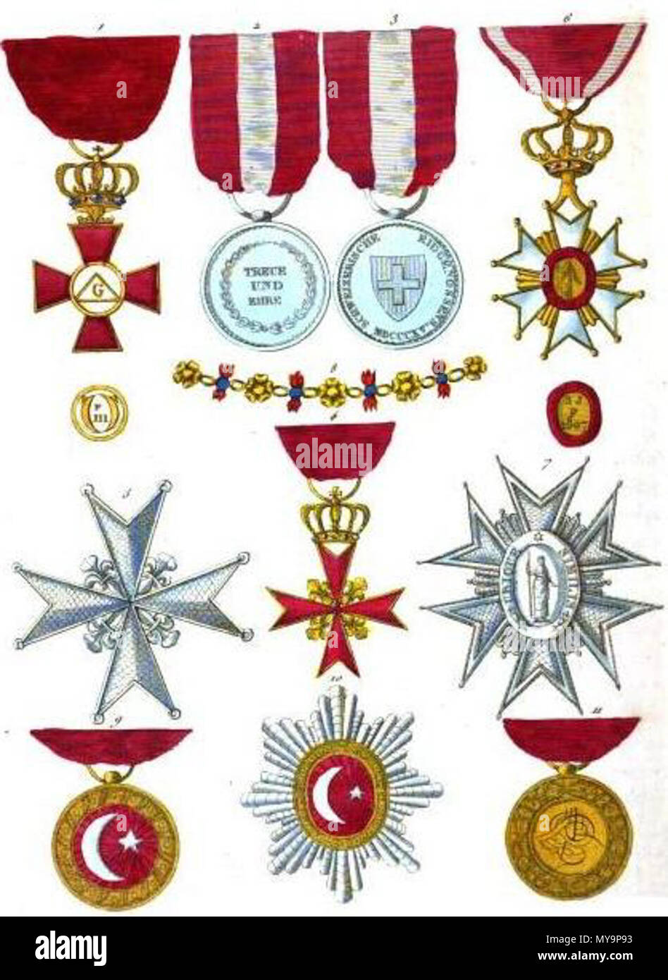 . English : Collection historique des ordres de chevalerie civils et militaires... Les ordres de chevalerie : anglais : 1. Le but de Carl XIII (Suède), badge 2. Médaille de la Réunion (Suisse), avers 3. Médaille de la Réunion (Suisse), marche arrière 4. Ordre de Saint Stephen (Toscane), 5 étoiles. Ordre de Saint Stephen (Toscane), d'un insigne 6. Ordre de Saint Joseph (Toscane), d'un insigne 7. Ordre de Saint Joseph (Toscane), étoile 8. Ordre de Saint Joseph (Toscane), col 9. Ordre du Croissant-Rouge (Turquie), d'un insigne avers 10. Ordre du Croissant-Rouge (Turquie), STAR 11. Ordre du Croissant-Rouge (Turquie), d'un insigne marche arrière . 1820 49 A Banque D'Images