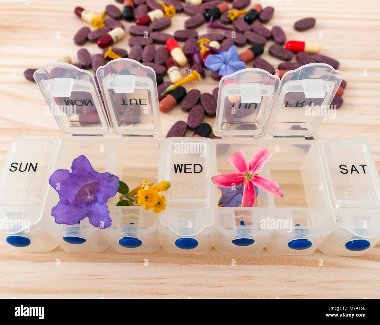 Image concept homéopathie : hebdomadaire comprimé organiseur avec des fleurs, des antibiotiques et des comprimés de canneberge en arrière-plan. Banque D'Images