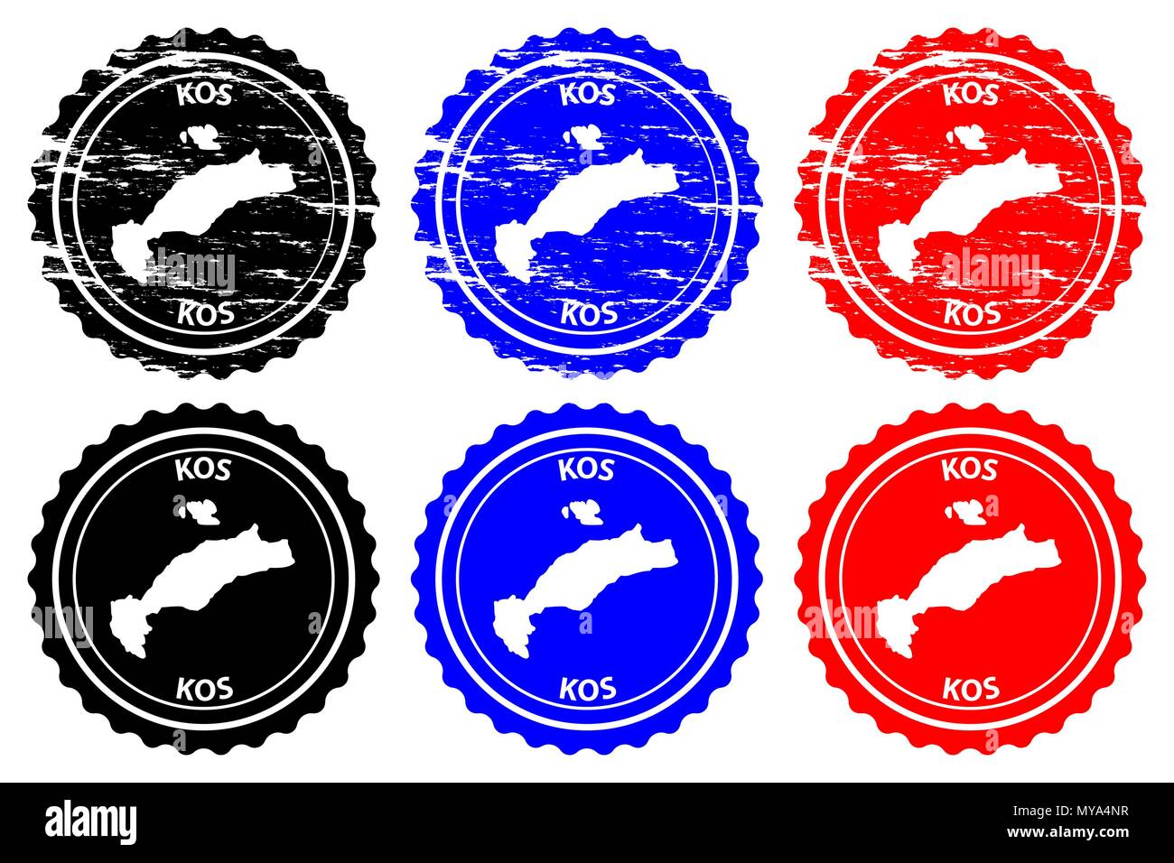Kos - timbres en caoutchouc - vecteur, île de Kos (Cos) Carte - sticker - noir, bleu et rouge Illustration de Vecteur