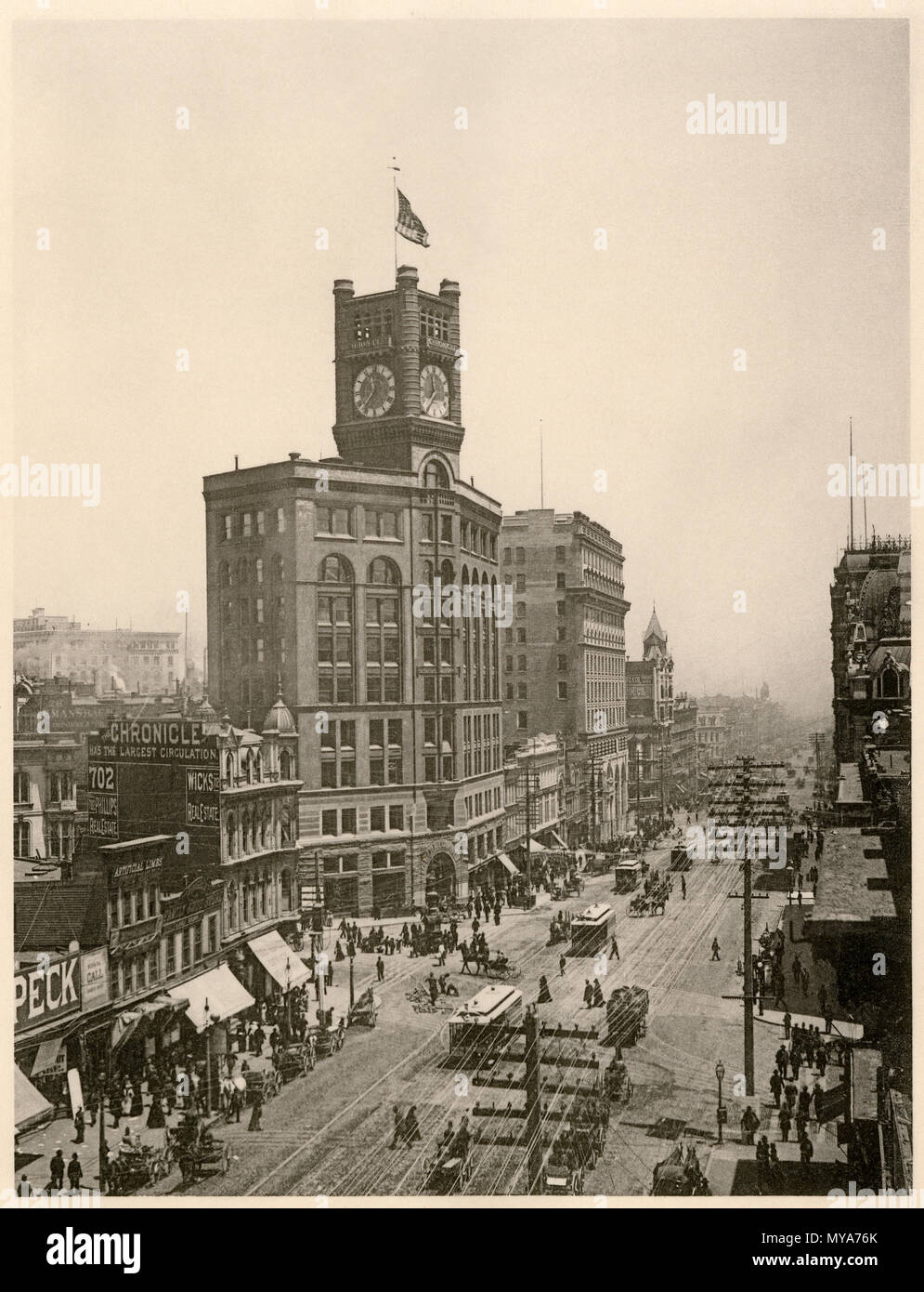 Market Street à San Francisco, montrant la chronique et Crocker bâtiments et téléphériques, années 1890. Albertype (photographie) Banque D'Images