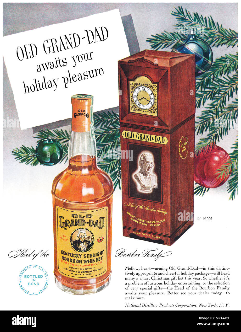 1950 publicité pour Noël américain Grand-Dad vieux Kentucky Straight Bourbon Whiskey. Banque D'Images