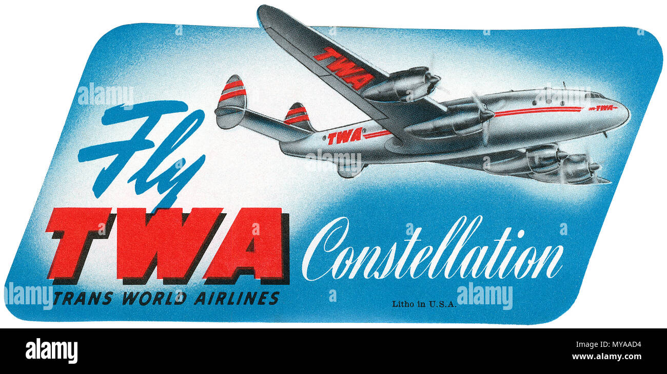 Vintage assurance étiquette pour TWA, doté d''un Lockheed Constellation. Banque D'Images