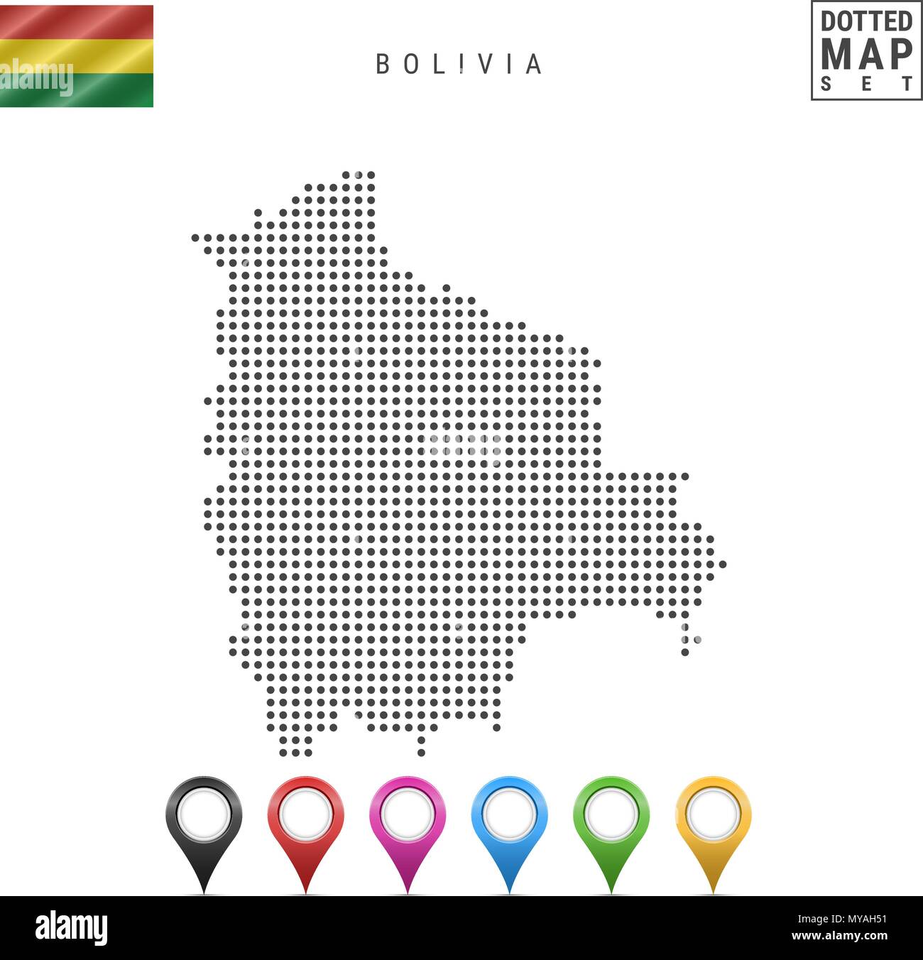 La carte à points vecteur de la Bolivie. Silhouette simple de la Bolivie. Drapeau national de la Bolivie. Ensemble de marqueurs carte multicolore Illustration de Vecteur