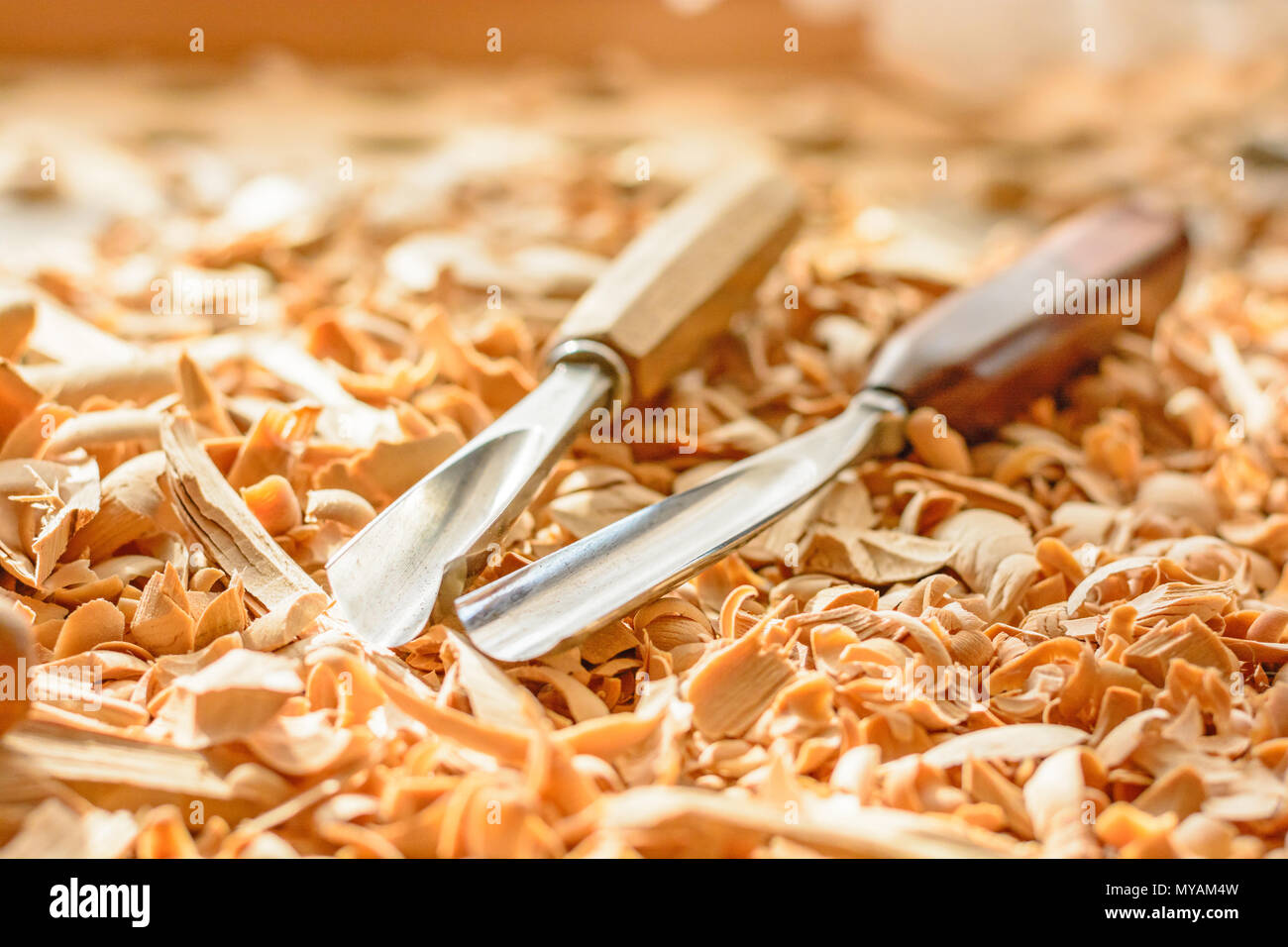 Burins mis en copeaux de bois sur le bureau. Outils couché dans les copeaux. Dans un atelier de sculpture. La coupe de bois de tilleul. Banque D'Images