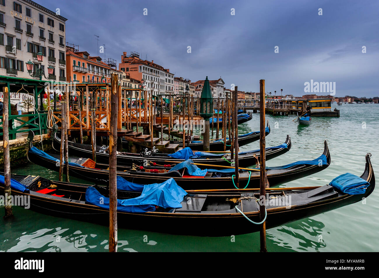 Gondoles amarrées au large de la Place Saint-Marc, Venise, Italie Banque D'Images