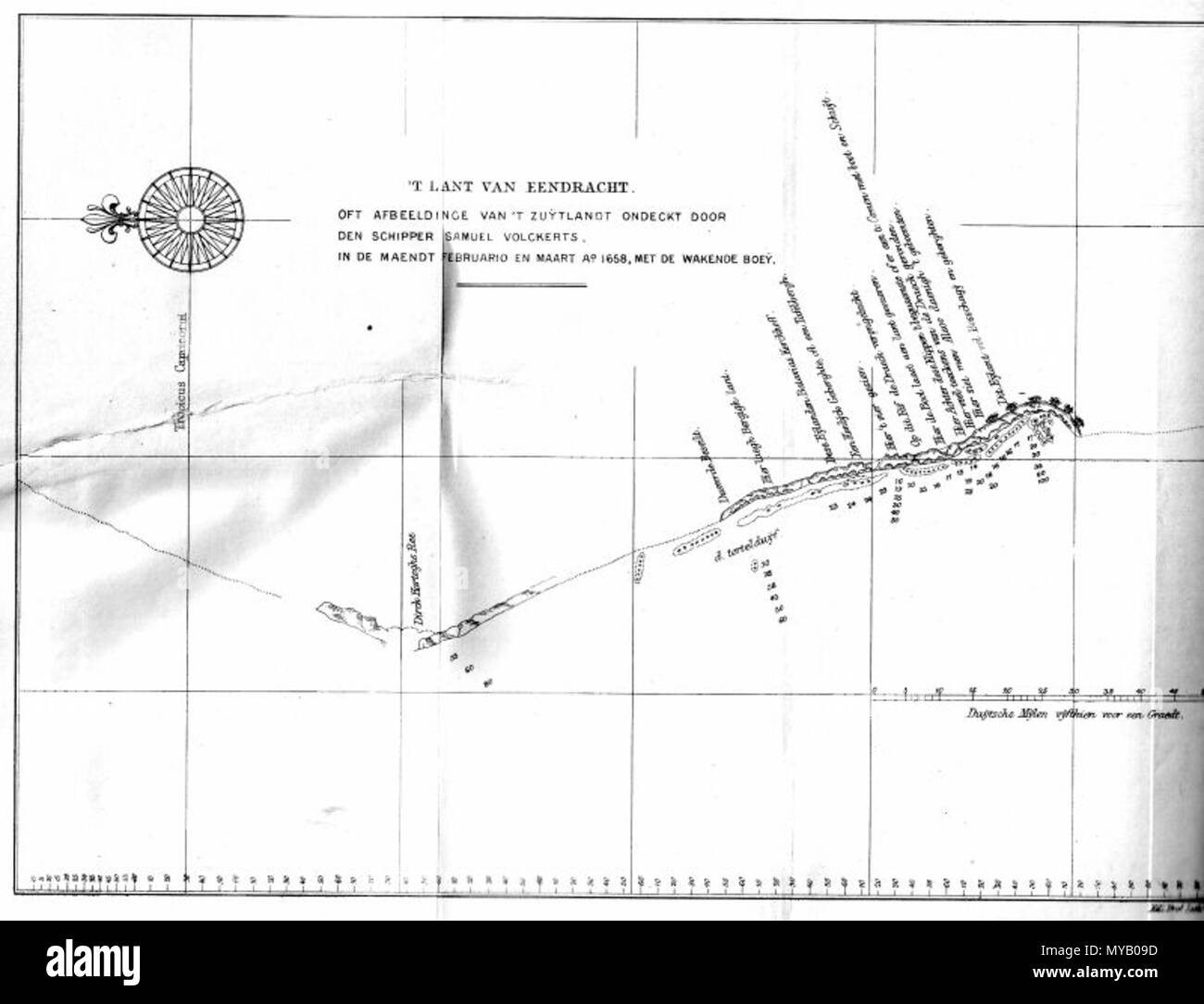 . Il s'agit d'une carte montrant la côte nord-ouest de l'Australie, tel qu'il est établi par le Waekende Boey en 1658. Ce littoral était alors connu sous le nom de "Terre de Eendracht', parce qu'il avait précédemment été cartographié seulement par Dirk Hartog dans l'Eendracht en 1616. Carte originale remonte au xviième siècle ; début de voyages en Terra Australis a été publié en 1859.. Samuel surtout Volkerson, skipper de l'Waekende Boey ; vraisemblablement certains cartographes professionnels ont été impliqués dans la production du produit final. 511 T Land Van Eendracht (Waekende Boey) Banque D'Images