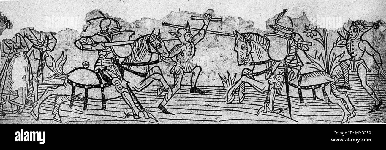. Deutsch : Turnierszene aus einem Basler Kalenderblatt, um 1480. Dans tjostieren der Bildmitte zwei Ritter, vornehmes liens ein Liebespaar. Die zwei Personen dans Narrenkostümen angedeuteter Eselsmaskierung Herolde und sind, die als Schiedsrichter über den Ausgang des Wettkampfs wachen. vers 1480. 64 anonyme 1480 Turnierszene Kalenderblatt Bâle Banque D'Images