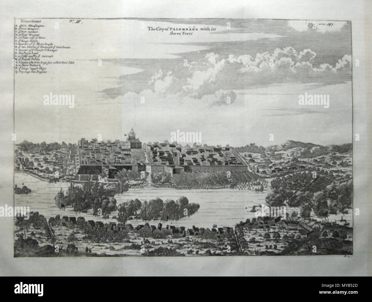 . Anglais : Vue de la ville fortifiée de Palembang, situé sur une baie avec environ 15 navires de guerre. La touche liste les forts suivants :  <Bamagangian Matapure Cambare,, >. Inv.Endroit superbe nr. RP-P-OB-47-419 : au crayon sur la porte arrière :  <Succatera Jan v.d. Laen [ ?] veroverd 1659 uit J. Nieuhof (1682 301 C 7) verovering van Palembang 1659 B 2150 B40 23 >. 12 janvier 2013, 16:41:55. Inconnu 75 bird's eye view de Palembang Banque D'Images