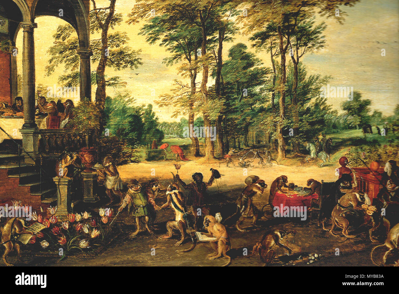 . Satire sur Tulpomania . English : 'Persiflage sur la tulipomania", peinture de Jan Breughel le jeune (1601-1678) Deutsch : 'Persiflage auf die Tulpomanie", Gemälde von Jan Breughel d.J. (1601-1678) . après 1637. Jan Breughel d.J. (1601-1678) 86 petites tulipes Breughel Banque D'Images