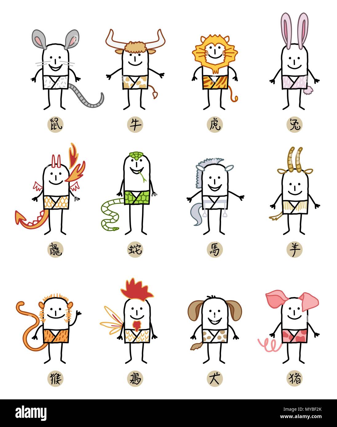 Douze Signes du zodiaque chinois les personnages de dessins animés Illustration de Vecteur