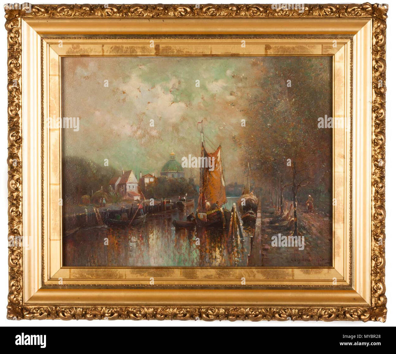 . Scène du canal . Cadre en bois doré d'origine 95 Scène du Canal Banque D'Images