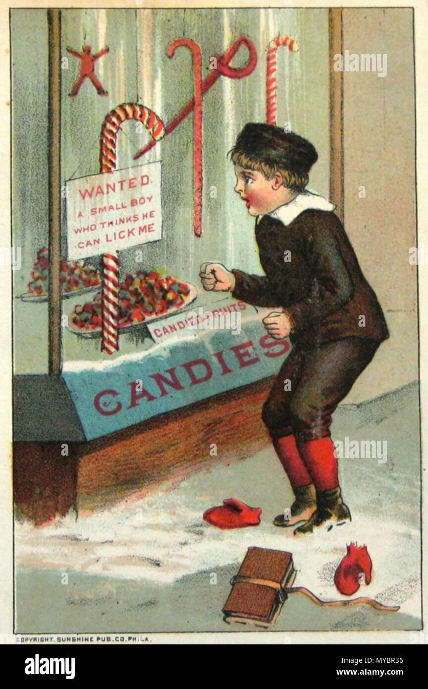 . Anglais : un garçon regardant une canne dans la vitrine d'un magasin sur une carte promotionnelle par William B Ferme du pressoir . 12 décembre 2011. Sunshine Pub.Co.Phila. 95 Candy Cane William B Ferme du pressoir Bangor NY 1844-1922 Banque D'Images