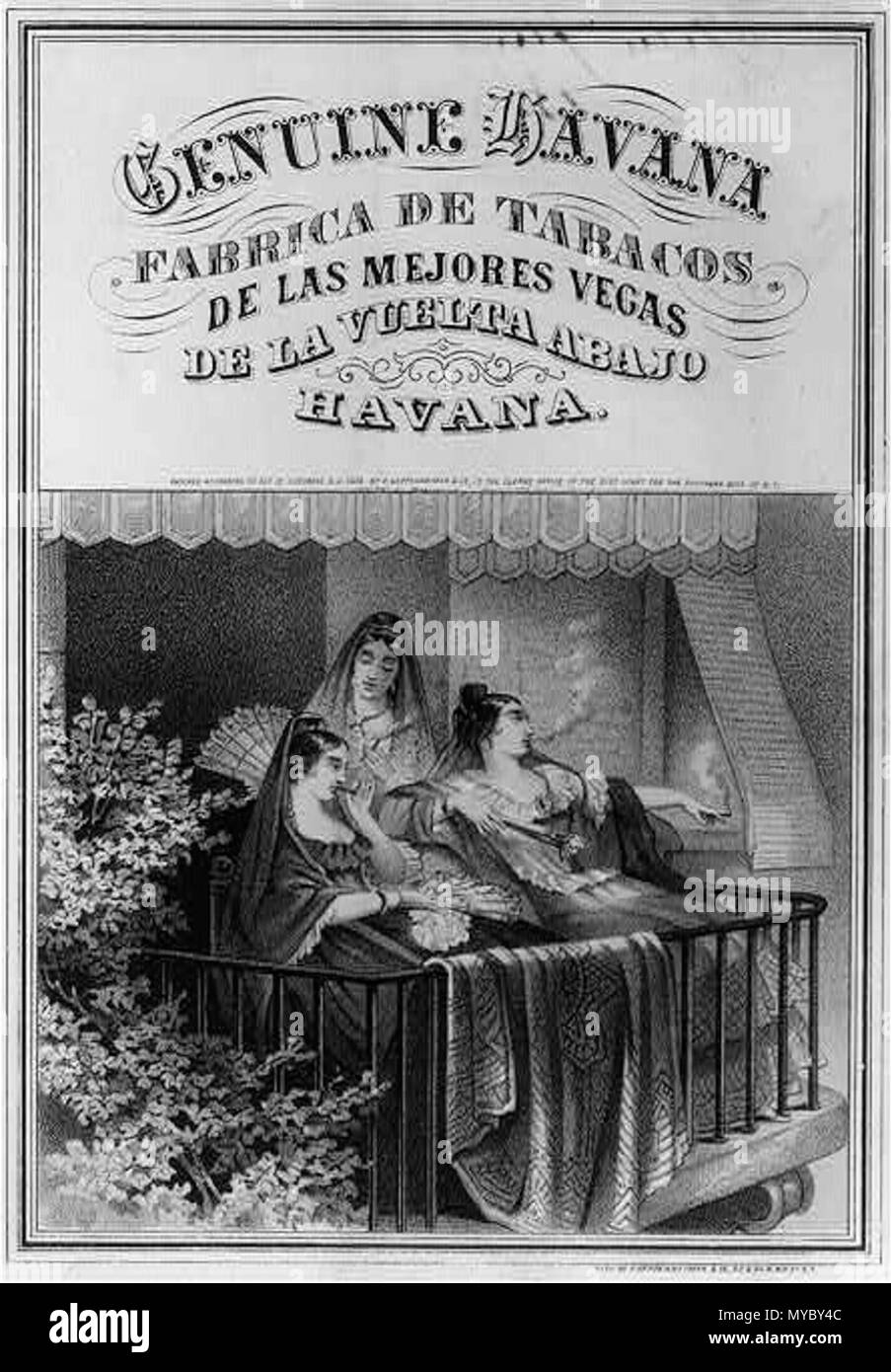 . Anglais : Publicité pour les cigares de La Havane. Lithographie, 1868 http://loc.gov Description du Titre : La Havane authentique Call Number : 10618-71 LOT [point] [P&P] NUMÉRO DE REPRODUCTION : LC-USZ62-78340 (b&w film copie neg.) Pas de restrictions connues sur la reproduction. Résumé : Trois beautés cubaines assis sur un balcon fumeurs de cigares de La Havane. Scène de genre romantique. Moyen : 1 gravure : lithographie. Création/Publication : 1868. NOTES : Objet : Lotissement de fumeurs (hommes, femmes, enfants dans l'acte de) - Les enfants, les femmes. Crayon lithographie de F. Heppenheimer & Co. référentiel : Library of Congress Prints and Photographs Banque D'Images
