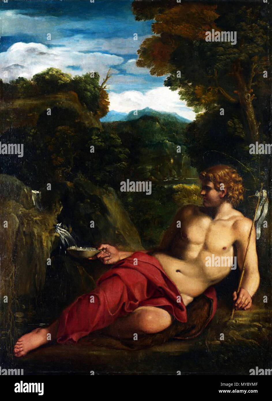 . Saint Jean Baptiste assis dans le désert . début du 17e siècle 113 Cercle d'Annibale Carracci, Saint Jean Baptiste assis dans le désert Banque D'Images