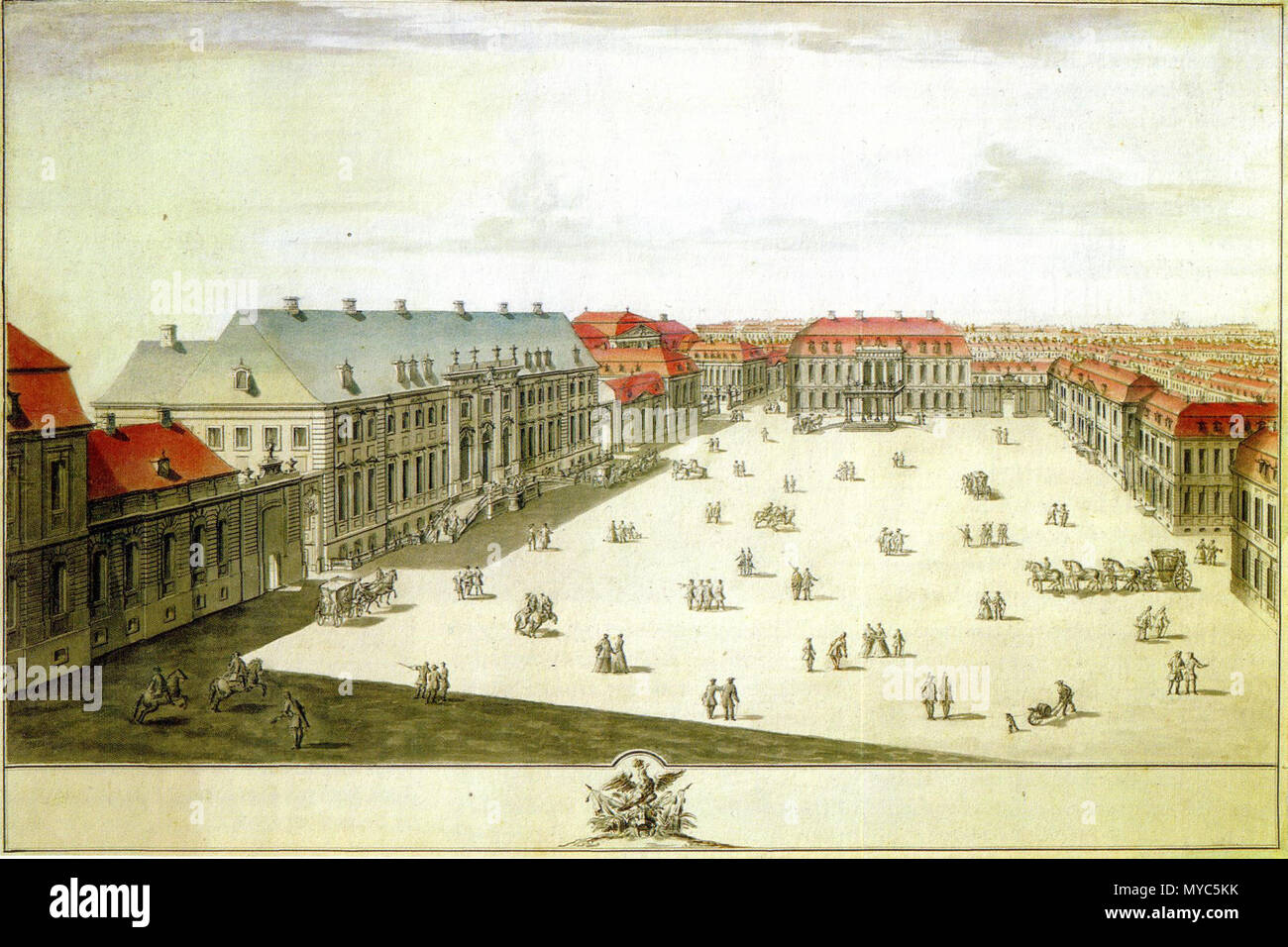 . Deutsch : Wilhelmplatz à Berlin, Federzeichnung der geplanten Bebauung mit Blickrichtung Norden ; dont verwirklicht wurden ab 1735 (von links) a) or die- und Silbermanufaktur, b) das den Platz dominierende Palais Marschall, c) das Palais Schulenburg, später als Reichskanzlei Sitz der deutschen Reichskanzler, d) das Palais Waldburg bzw. Un Ordenspalais der Nordseite des Platzes. Nicht gebaut wurde das hier vorgesehene Palais an der Nordostseite Wilhelmplatzes vers 1733 des.. C.H. Horst 137 Der Wilhelmplatz, Federzeichnung von C.H. Horst, 1733. Banque D'Images