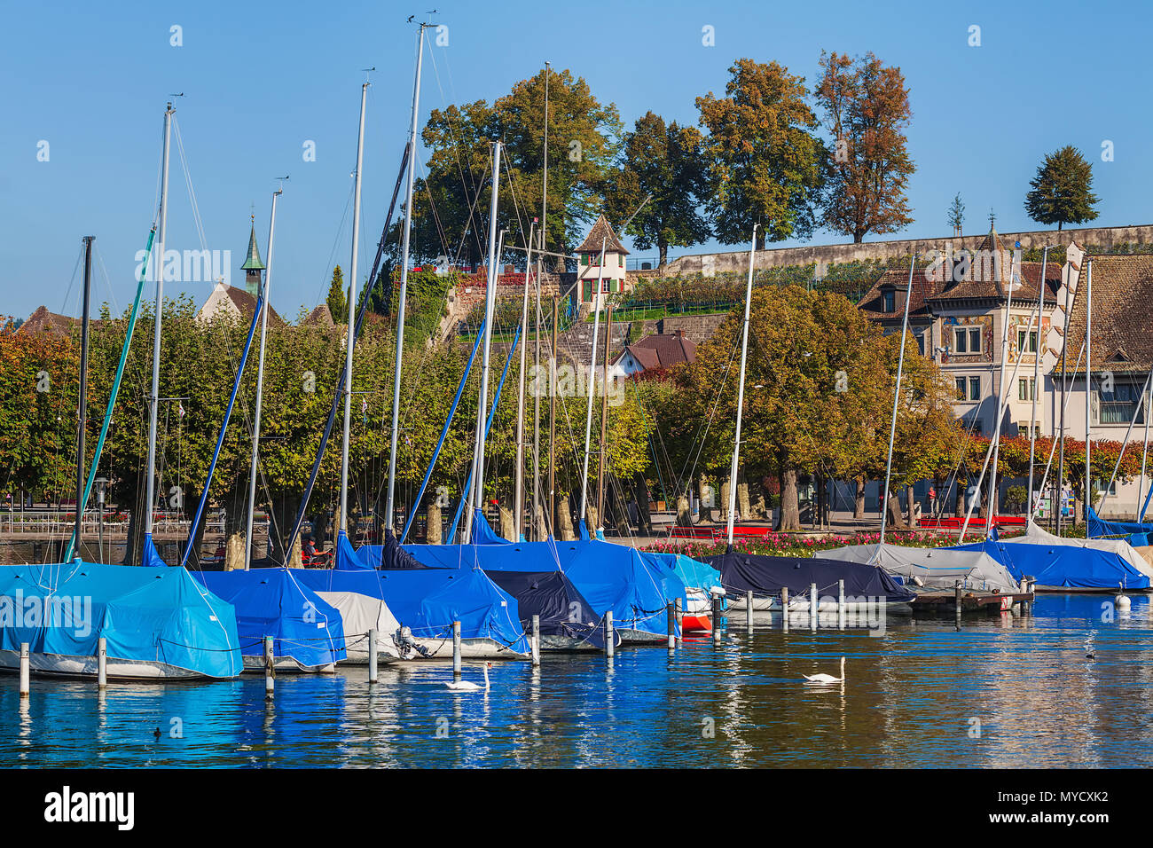 Rapperswil, Suisse - le 27 septembre 2014 : bateaux à la jetée sur le lac de Zurich dans la ville de Rapperswil. Rapperswil est une partie de la municipalité de Ra Banque D'Images