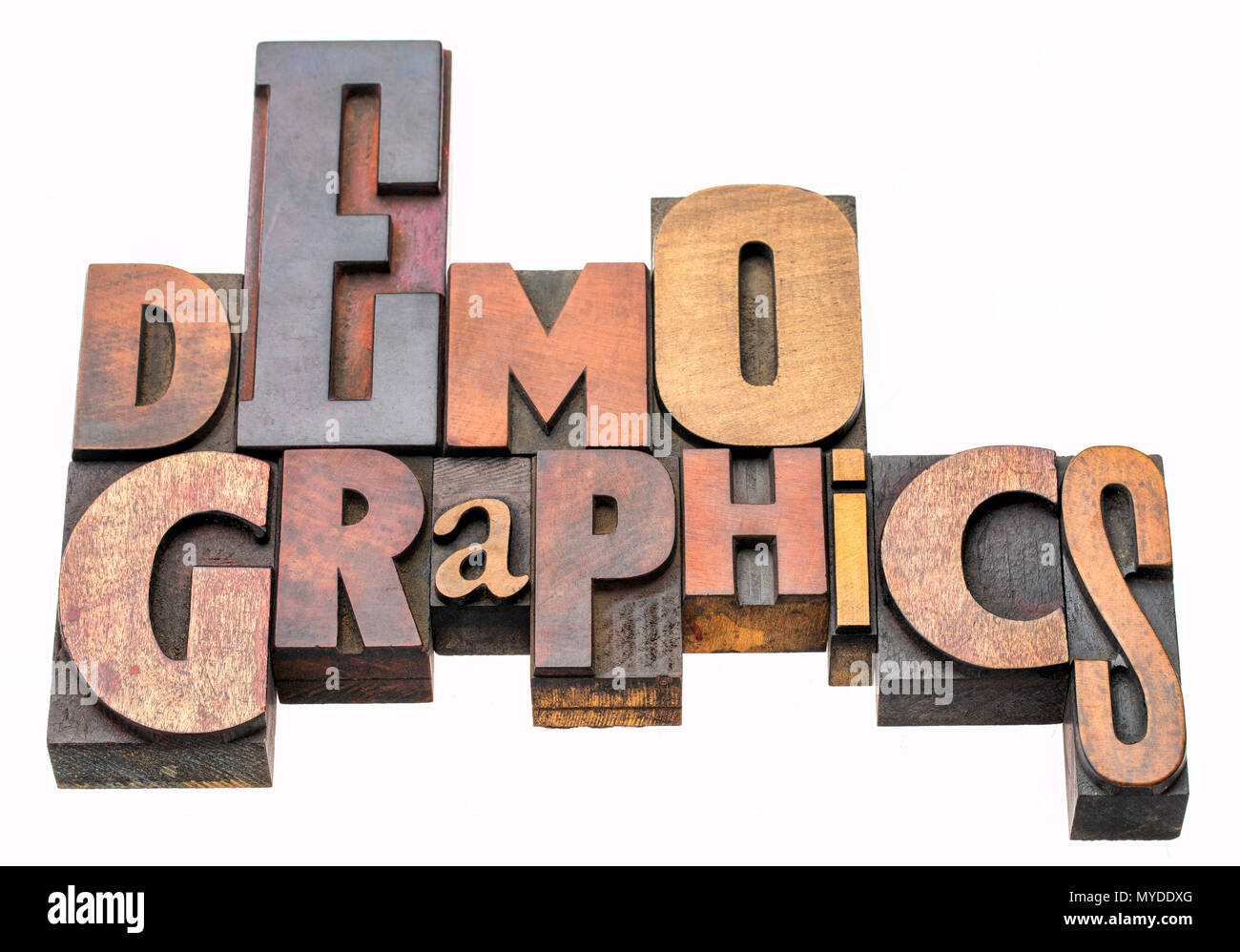 Démographie - mots isolés dans la typographie vintage type bois, blocs de polices mixtes Banque D'Images