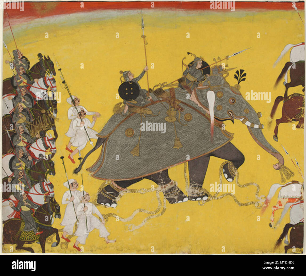 . Anglais : ndian et art himalayen Elephant dans la bataille fait à Kota, Rajasthan, Inde c. 1750-70 Artiste/artisan, l'Inde inconnue aquarelle opaque, d'or et d'argent sur papier 15 3/4 x 18 7/8 pouces (40 x 47,9 cm) en ce moment pas sur voir 1994-148-394 Collection Stella Kramrisch, 1994 L'étiquette de l'éléphant indien a été utilisé comme principal moteur de combat depuis plus de deux mille ans à l'échelle du sous-continent indien et a été évalué par les gouvernants loin au-dessus des chevaux. Dans ce tableau, un éléphant de combat blindés lourdement saccages sur une soudure d'un jaune vif au milieu d'hommes montés sur des chevaux. Sur son dos sont deux soldats armés de lances, Banque D'Images