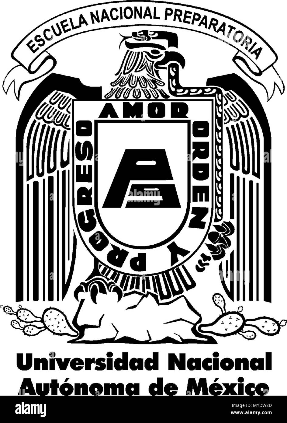 . Español : Escudo de la E.N.P. 9 En el que se représentent un águila devorando a una serpiente, posada sobre un nopal, aludiendo lescudo al Nacional Mexicano. En el centro se encuentra el monograma de la preparatoria rodeado por el lema de la misma. 25 février 2014, 00:03:18. Escuela Nacional Preparatoria N. 9168 Escudo de la Escuela Nacional Preparatoria N. ) "Pedro de Alba. Banque D'Images