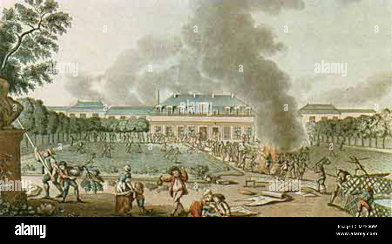 . Nederlands : De vernielingen rond huis van Réveillon op 28 avril 1789. 18e eeuwse prent afkomstig van http://cerig.efpg.inpg.fr/histoire-metiers/nicolas-robert/page02.htm site franse . Eind 18e eeuw. Ce fichier n'est pas informations sur l'auteur. 182 Folie-titon 10 Banque D'Images