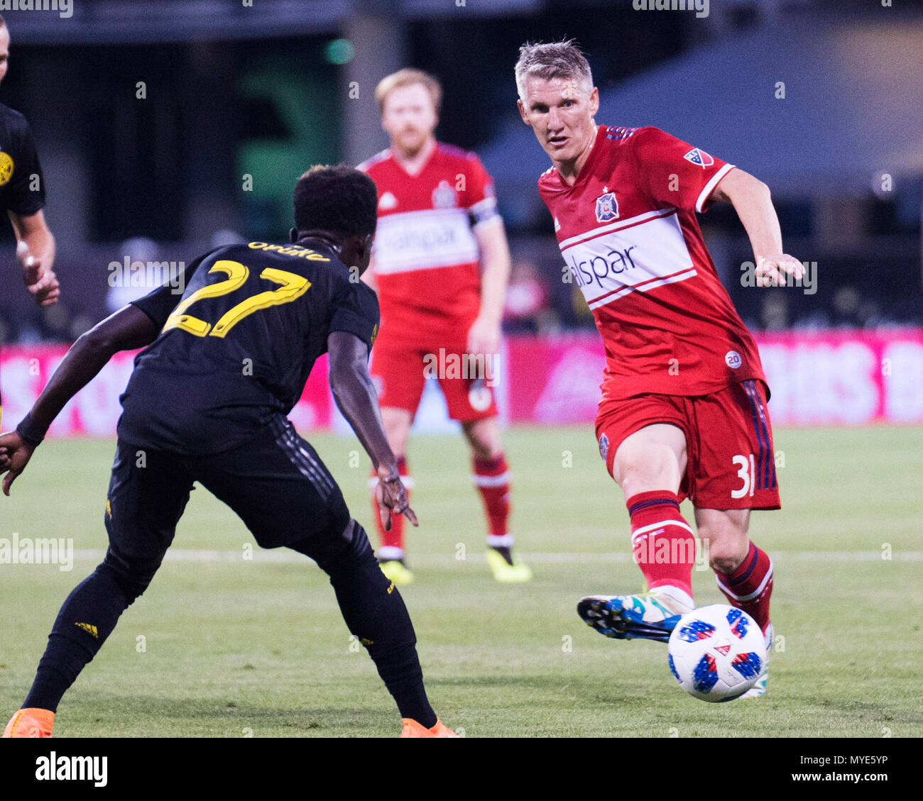 Columbus, Ohio, USA. 6 juin 2018 : le milieu de terrain Bastian Schweinsteiger Chicago Fire (31) gère la balle contre SC Columbus Crew de Columbus, OH, USA. Brent Clark/Alamy Live News Banque D'Images