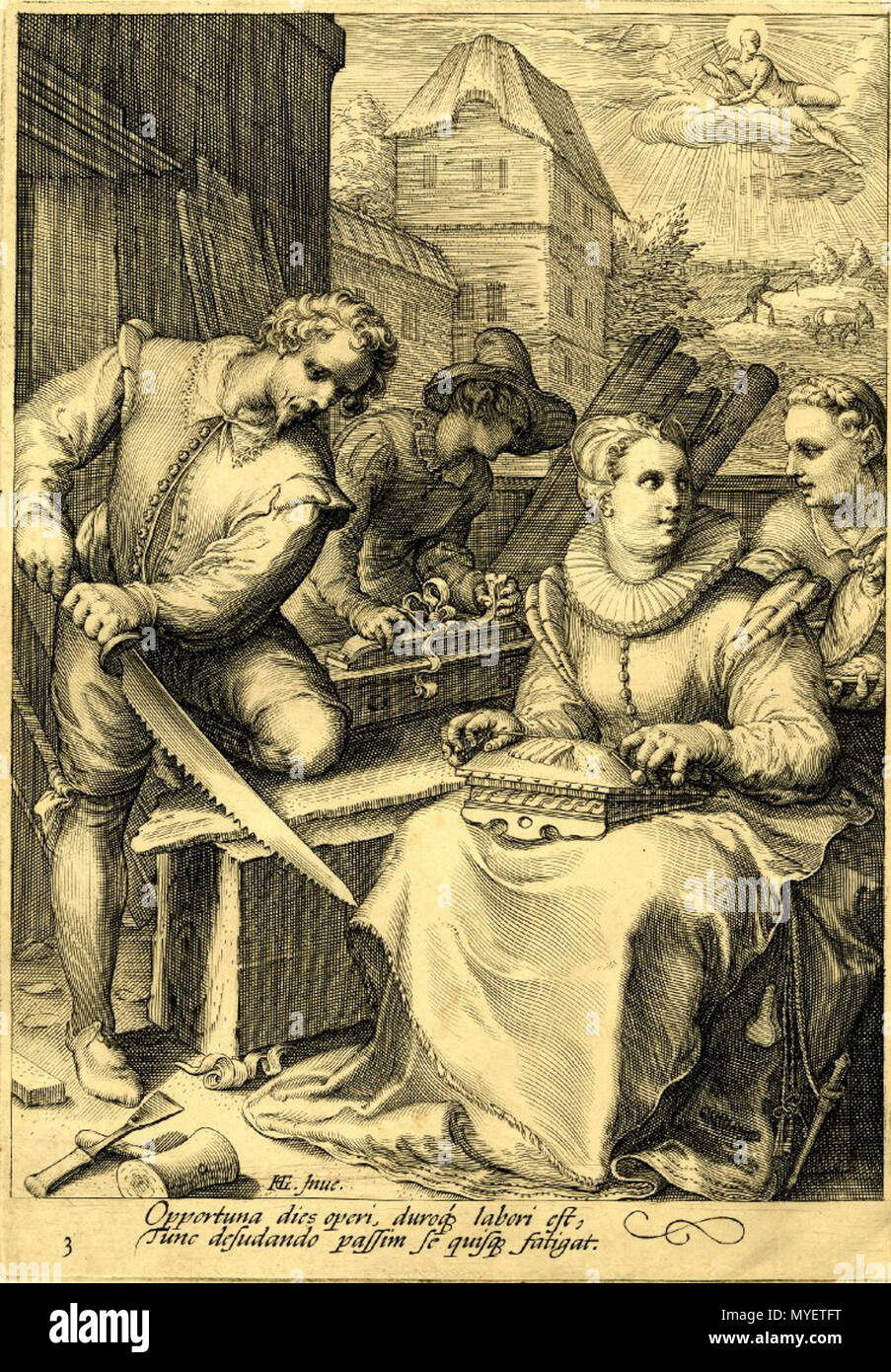 . Anglais : quatre heures du jour, 3 plaque : 12h. Gravure de Jan Saenredam après Hendrik Goltzius. Un menuisier sciant un planche de bois à gauche, et un autre à l'aide d'un plan de mise à niveau au-delà, un marteau et un burin dans l'angle inférieur gauche, une femme assise à droite et faire de la dentelle . circa 1595. Jan Saenredam après Hendrik Goltzius Goltzius 215 Saenredam Midi Banque D'Images