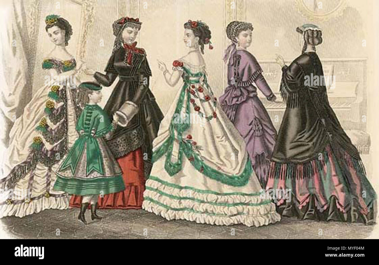 . À partir de la gravure de mode Godey's Lady's Book, à une époque où la crinoline a fait place à l'extension de jupes à l'arrière. 1869. Gravure de mode Godesy inconnu 215 1869 Banque D'Images