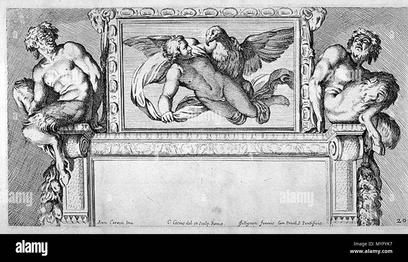 . Italiano : Carlo Cesio (1626-1686), e Ganimede Giove (incisione dell'fresque di Annibale Carracci au Palais Farnese a Roma). Edito nella Illustrazione de la Galleria Farnese (1675). Anglais : Carlo de césium (1626-1686), Ganymède et Jupiter (fresque gravure d'Annibale Carracci au Palais Farnese de Rome) . Publié dans l'illustration de la galerie Farnèse (1675) 202' - Cesio, Carlo (1626-1686), e Ganimede Giove da A. Carrache, Ill. de la galerie Farnèse, 1675 Banque D'Images