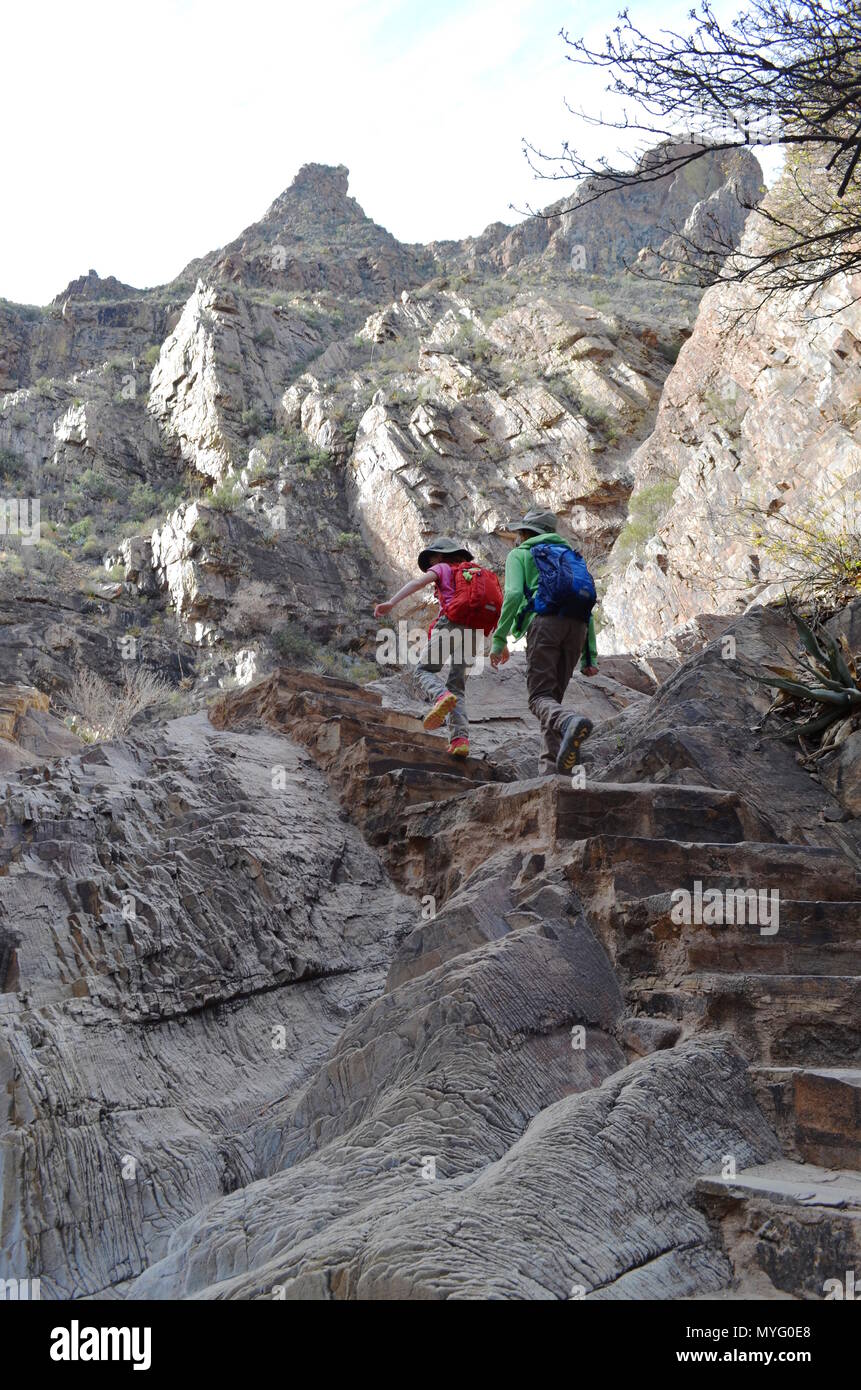 Deux jeunes filles se tenant la main et la randonnée et monter les escaliers à Big Bend State Park, Texas Banque D'Images