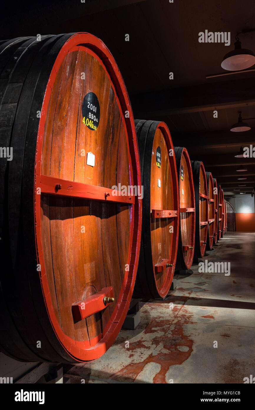 Une rangée de tonneaux de vin et fûts stockés dans un tunnel souterrain à ambiance contrôlée. Banque D'Images