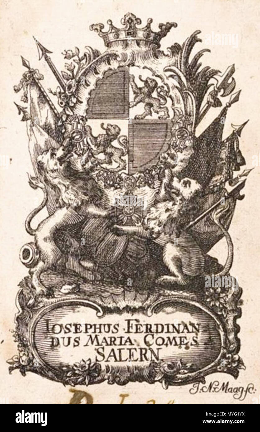 . Deutsch : Ex Libris, Kupferstich, Joseph Ferdinand Maria Graf von Salern (1718-1805) unehelicher Abkomme, aus dem Haus Wittelsbach . 8 avril 2013, 23:28:38. Népomucène Maag (1724-1800) 217 Graf Salern Ex libris 1 Banque D'Images