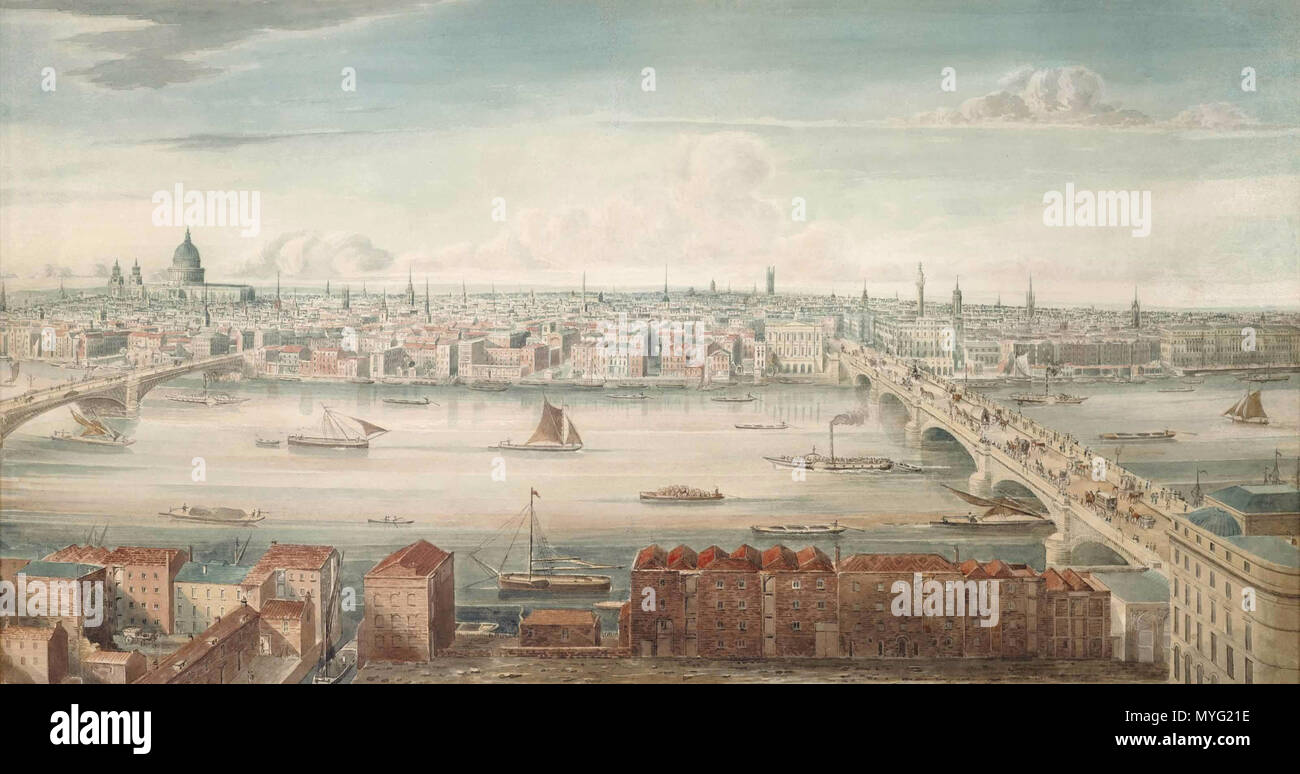 . Anglais : indistinctement signé et daté '...Yates 1837' (en bas à gauche) crayon, plume et encre et aquarelle gris avec des rayures x 12.1/2 23.3/4 dans. (31,8 x 60,3 cm.) . 1837. Gédéon Gédéon 210 Yates Yates sur la Tamise avec Blackfriar's Bridge, St Paul's, London Bridge et le Monument Banque D'Images