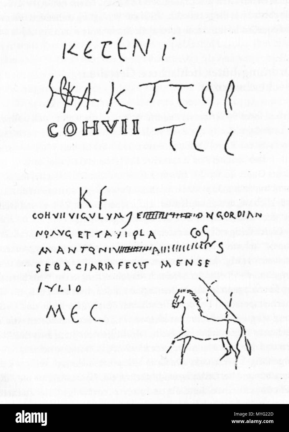 . Anglais : Graffito de la garde côtière-prix du 7ème Roman de la cohors vigiles (pompiers) situé dans trans tiberim (aujourd'hui : Trastevere). Deutsch : Graffito aus dem Wachraum der 7. Feuerwehr-Kohorte (vigiles) dans trans tiberim, dem heutigen Trastevere. Ein Marcus Antonius teilt mir, dass er für die Beleuchtung (sebaciaria  = Talglichter Wachraum gesorgt) im hat. Español : Grafito encontrada en la caserna de la VII Cohorte de vigiles en el trans tiberim (Trastevere) en Roma, correspondiente con CIL VI 3020  = CIL VI 37247 : Coh(ors) VII vigulum )(centuria) Flam(ini ?) d(omino) n(ostro) Gordian/{}n o Banque D'Images