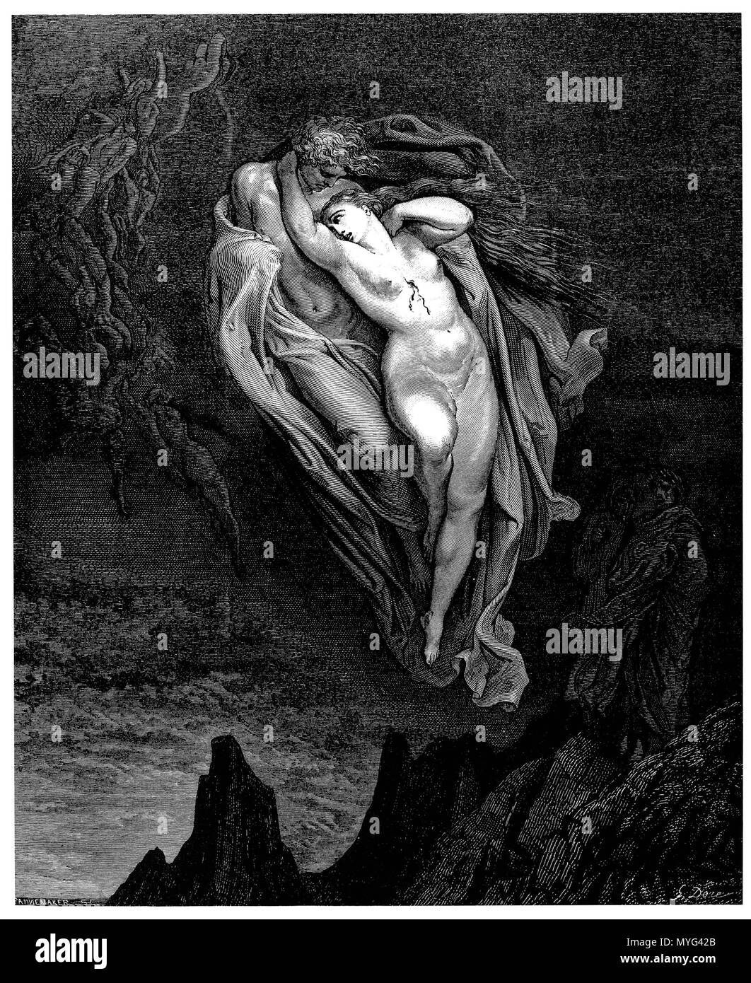 224 Gustave Doré - Dante Alighieri - Inferno - Planche 15 (Canto V - Francesca di Rimini) Banque D'Images