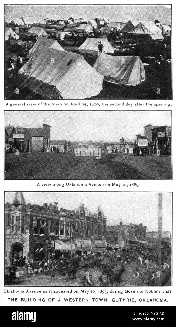 . Guthrie, Oklahoma. Le 24 avril 1889 ; 10 mai 1889 ; et le 10 mai 1893 lors de la visite du Gouverneur. Montre un développement rapide de la ville. 1912. E. Benjamin Andrews 225 Guthrie Indiana commencer Banque D'Images