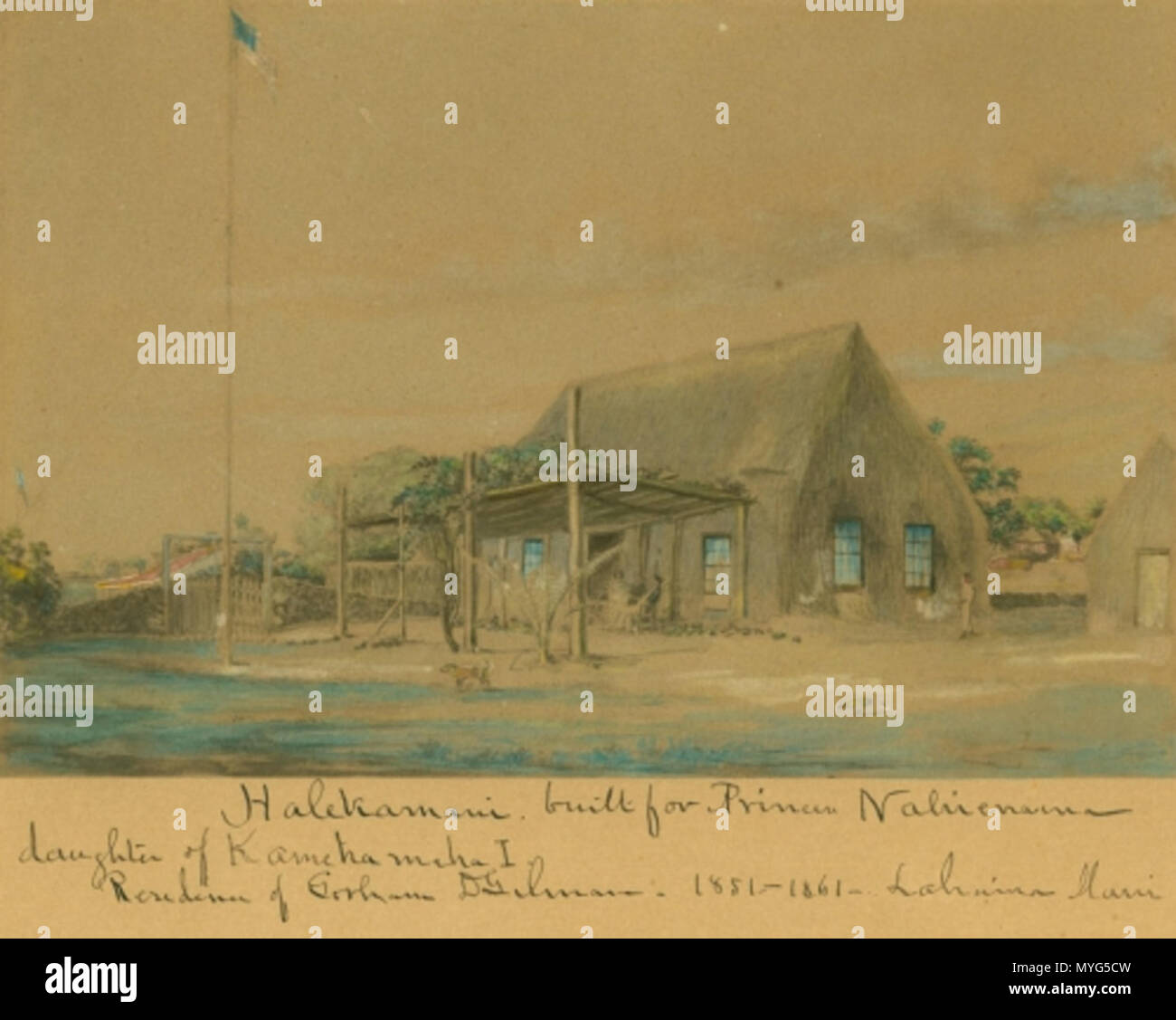 . Anglais : Halekamani ; résidence de Gorham D. Gilman (autrefois la maison de la princesse Nāhiʻenaʻena) ; Lāhainā, Maui. après 1861. inconnu artiste russe Halekamani 228, après 1861 Banque D'Images