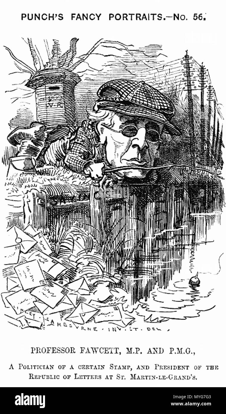 . Caricature de Punch : 'Punch's Fancy Portraits. N° 56' 'professeur Fawcett, députée et P.M.G., un politicien d'un certain cachet, et le président de la République des Lettres à St Martin-le-Grand's' . 1881. Linley Sambourne Edward par l'oeuvre (1844-1910) 236 Henry fawcett cartoon Banque D'Images