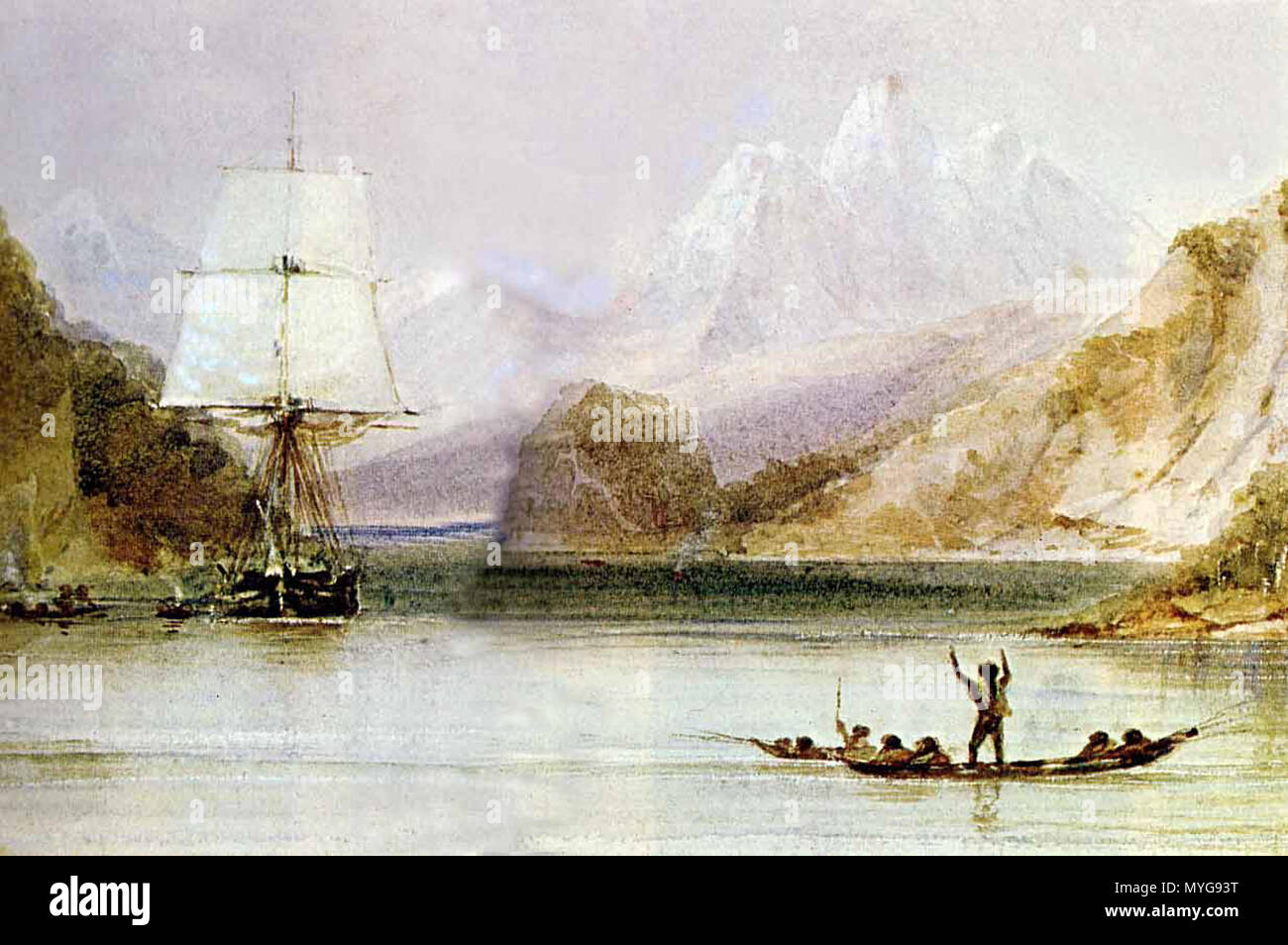 . L'origine des espèces illustrées : Anglais HMS Beagle à Tierra del Fuego (peint par Conrad Martens). Le HMS Beagle dans les voies maritimes de la Terre de Feu, peint par Conrad Martens pendant le voyage du Beagle (1831-1836), de l'illustre l'origine des espèces par Charles Darwin, version abrégée et illustrée par Richard Leakey ISBN 0-571-14586-8. Italiano : Beagle salutata dagli indigeni La durante l'esplorazione della Terra del Fuoco. - Les valses de Conrad Martens che divenne artista di bordo nel 1833. Français : Le HMS Beagle dans les eaux de la Terre de Feu, peinture de Conrad Martens réalisé durant Banque D'Images