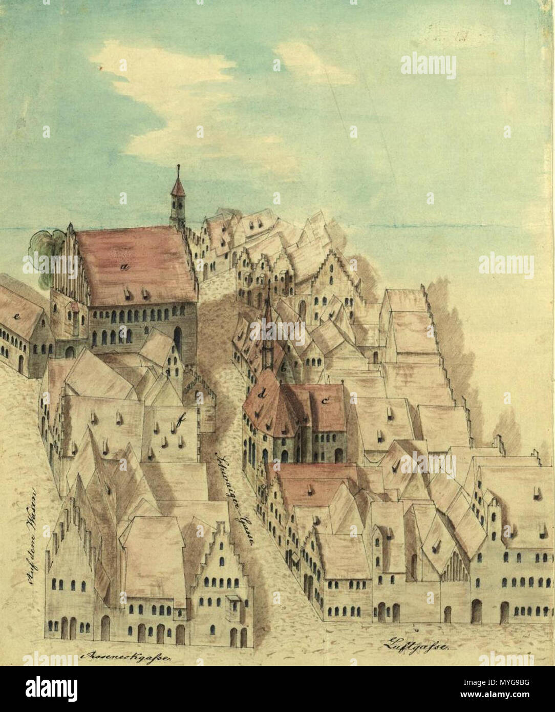 . Deutsch : un Collegium vetus, ehemaliges von der Ostseite Pfründnerhaus b Collegium Novum seu Georgianum c Erweiterung durch Herzog Wilhelm 1564 Peter und Paul d e Kichlein Hohen-Schulkastners Substituts-Wohnung , des f . 1er mai 1856. Karl Franz Emil Schafhäutl Hohe Schule und 244 Collegium Georgianum 1571 Ostansicht Banque D'Images