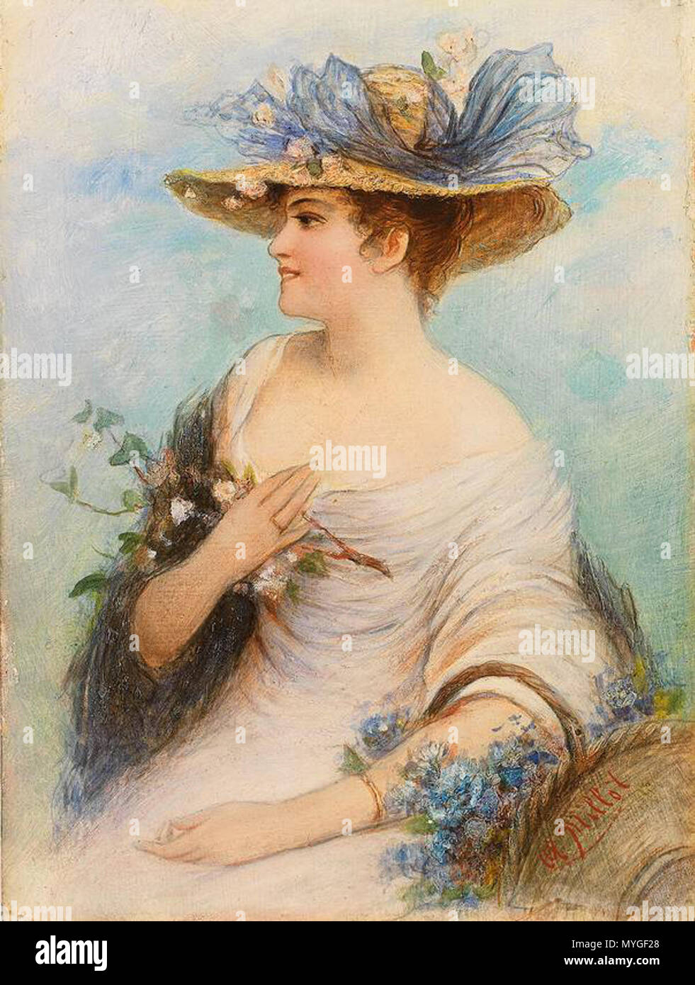 . Adolphe Philippe Millot : Portrait einer sitzenden jungen Frau mit Hut und Blumen, Öl auf Holz, 20,5 x 15,5 cm . Adolphe Philippe Millot (1857-1921) 24 Adolphe Philippe Millot Portrait Banque D'Images