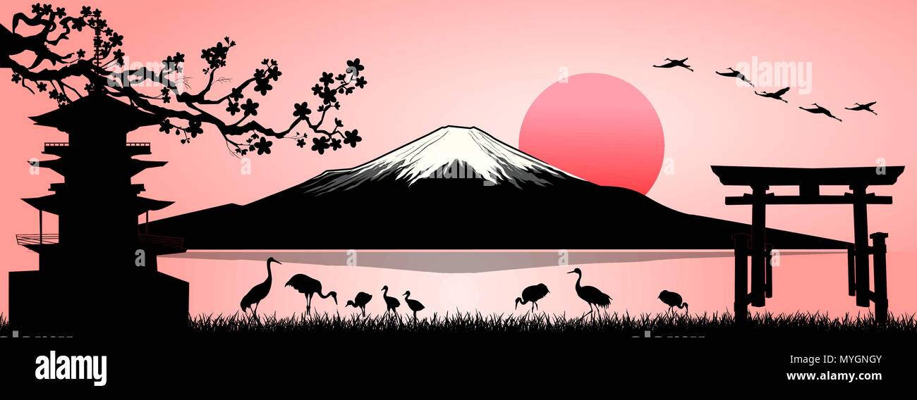 Poster Toile Vintage Mont Fuji Japon – Silhouette Paysage Voyage Esthétique – Décoration Murale Japonaise Élégante