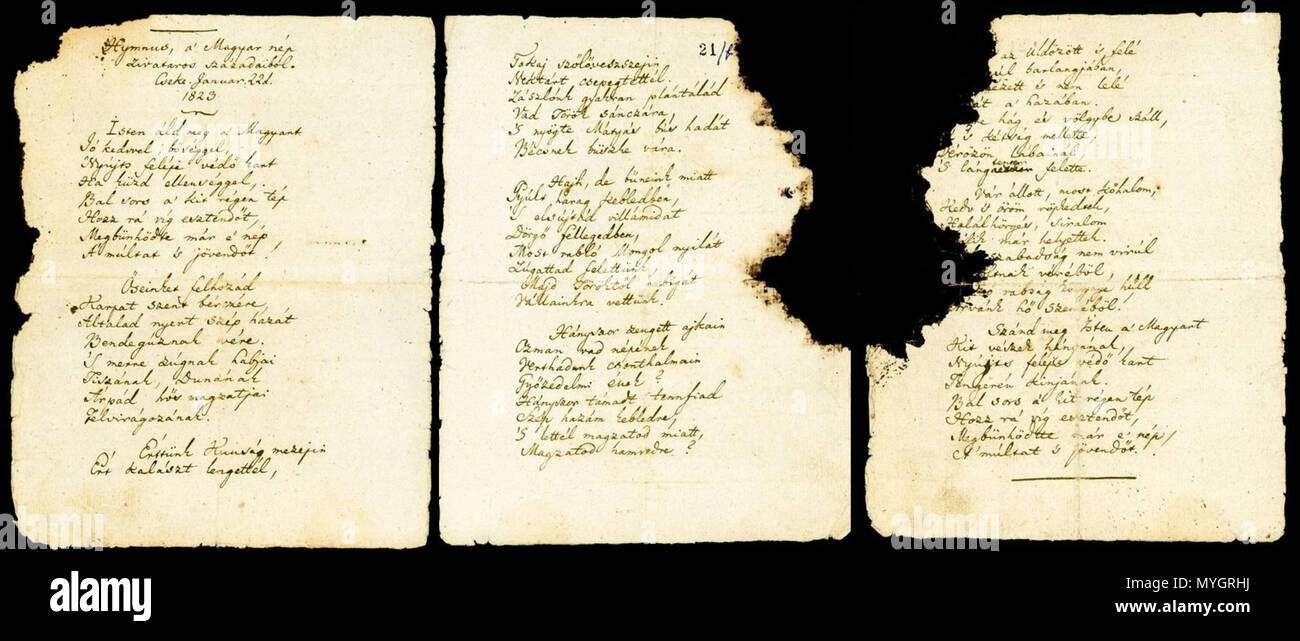 . Magyar : UN magyar himnusz (Hymnus, un zivataros századaiból' Magyar nép) Un kézirata himnusza cikkben nyelv Magyarország une olvasható. 1823. Ferenc Kölcsey Hymnus 251 1823 Banque D'Images