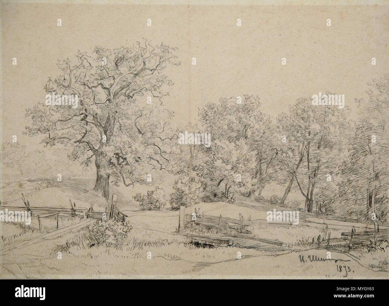 . Anglais : Ivan Ivanovitch Chichkine (1832-1898) Étude du paysage russe, 1893 graphite sur papier 31 x 43 cm (12 1/4 x 17 in.) signée et datée en bas à droite . 19e siècle. IVAN Ivanovitch Chichkine (1832-1898) 262 russe Ivan Ivanovitch Chichkine - étude de paysage Banque D'Images