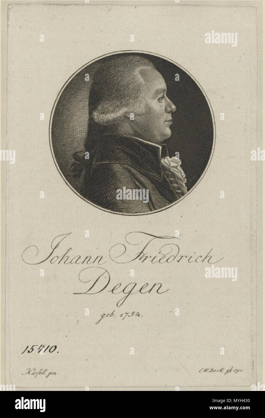 . Anglais : Portrait of Johann Friedrich Degen de Christoph Wilhelm Bock (1792). Münster, LWL-Museum für Kunst und Kultur (Westfälisches Landesmuseum), Porträtarchiv Diepenbroick, Inv.-Nr. C-512883 PAD LWL-Landesmuseum für Kunst und Kulturgeschichte Münster ; Bilddatei : lwl-c512883pad ; Aufn.-Datum : 2012 . 1792. Christoph Wilhelm Bock 277 Johann Friedrich Degen 2 Banque D'Images