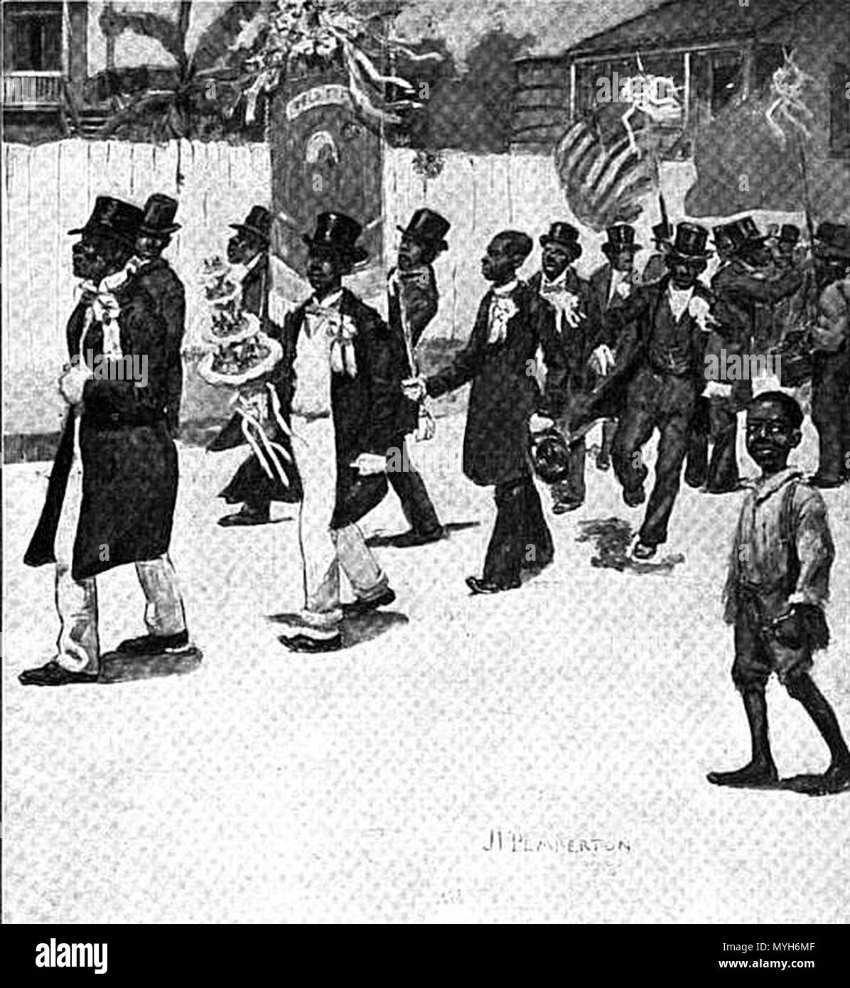 . « Mardi Gras de la Nouvelle Orléans. Titre : Metropolitan Magazine, Volume 23. Editeur : Re-publié par Peck et Newton, 1905." Cette remarque est en fait J. P. Pemberton's 'Sons d'espoir et de la parade annuelle des jeunes anciens combattants', 1902, représentant une aide sociale & Pleasure Club parade (maintenant connue sous le nom de "deuxième ligne") à la Nouvelle Orléans ; la peinture originale est au Smithsonian. . 1902 (oeuvre) 1905 (publication). John Patrick Pemberton (d. 1914) 285 JP Pemberton Fils d'espoir publié 1905 Banque D'Images