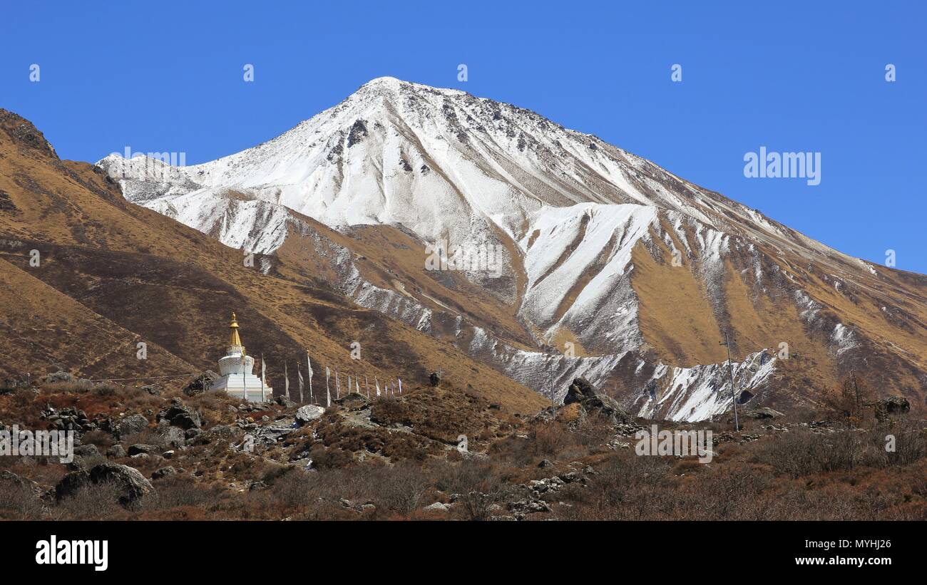 Dans la scène de printemps Langtang valley. Mont Tserko Ri et petit stupa. Banque D'Images