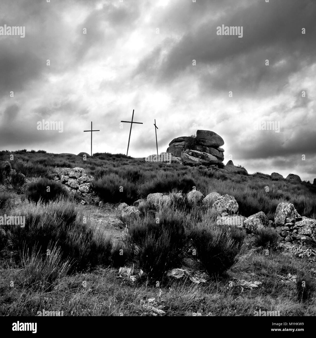 Cross près de Prinsuejols, village de l'Aubrac, Lozère, Massif Central, France Banque D'Images