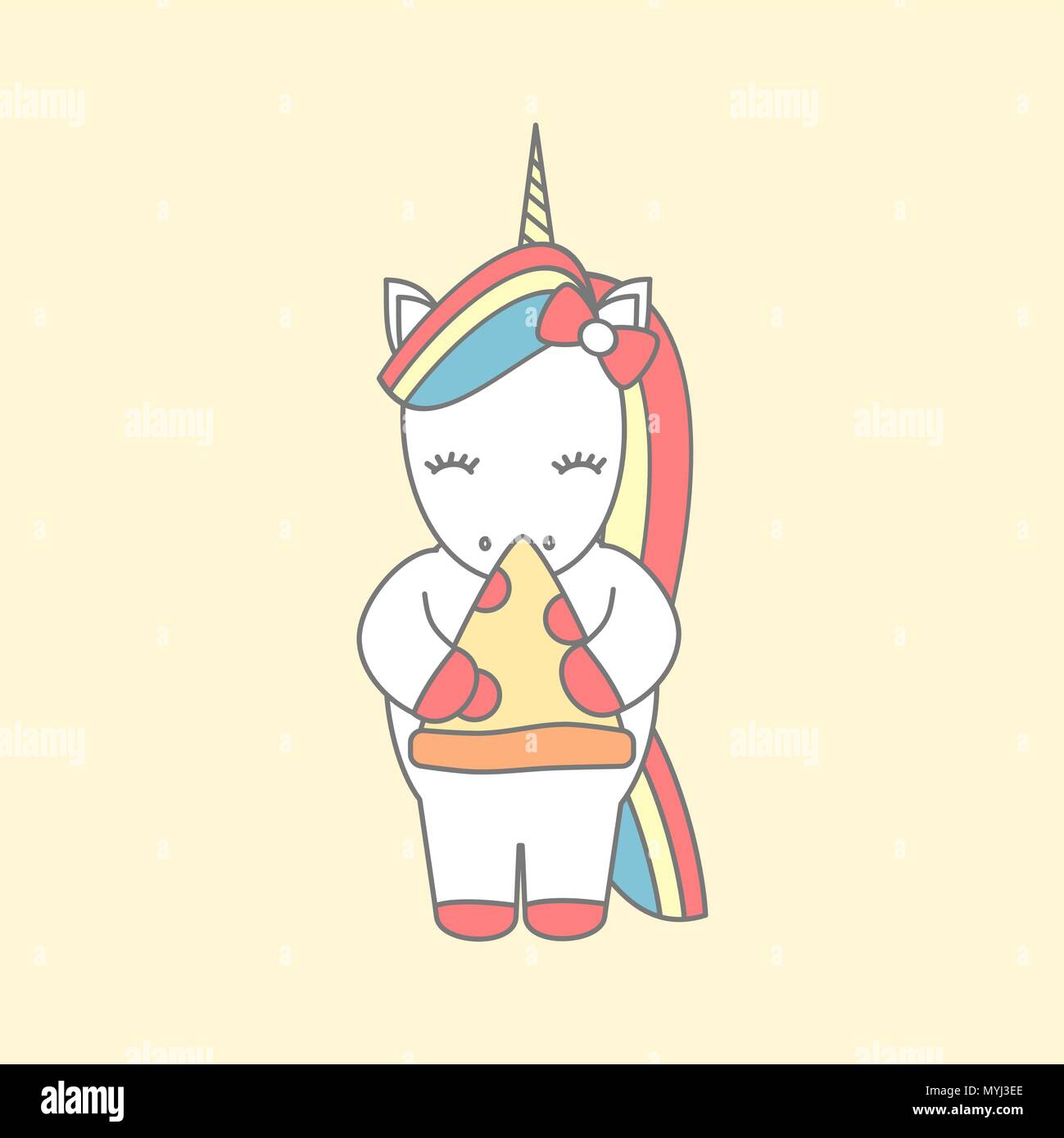 Cute cartoon vector illustration avec unicorn eating pizza Illustration de Vecteur