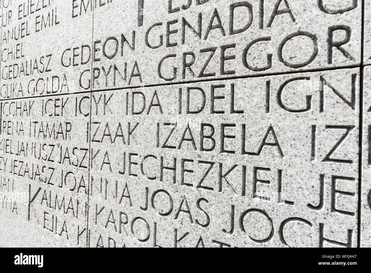 Umschlagplatz Varsovie, noms inscrits sur l'Umschlagplatz Mur, site d'un terminus ferroviaire de guerre utilisé par les Nazis pour le transport des Juifs de Varsovie. Banque D'Images